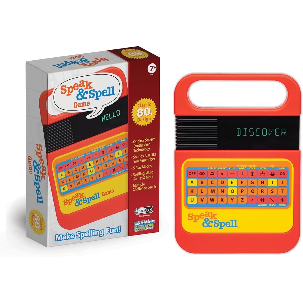 PlayMonster Speak And Spell electronic game retro handheld educational toy front view showing red casing and yellow buttons