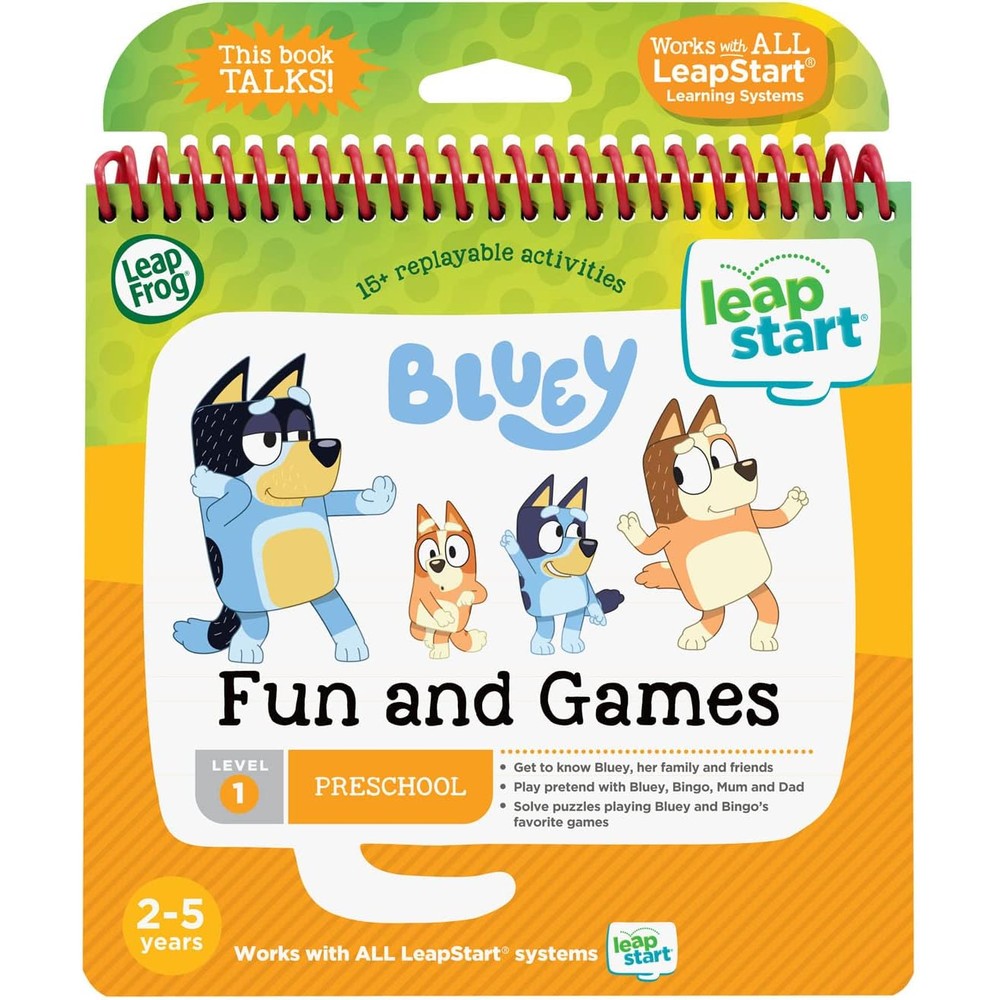 LeapFrog LeapStart Bluey Fun and Games interactive activity book front view showcasing main characters