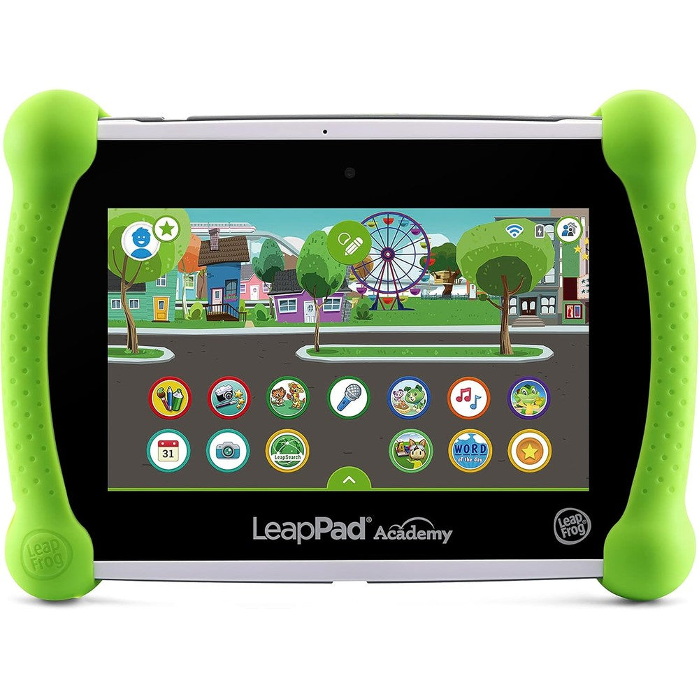 LeapFrog LeapPad Academy Kids Learning Tablet green front view displaying educational home screen