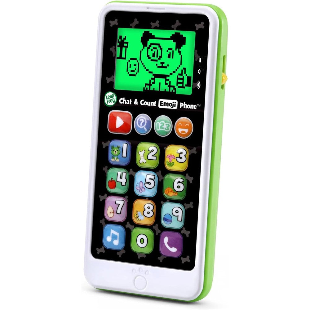 LeapFrog Chat and Count Emoji Phone Green front view displaying light-up buttons and character screen