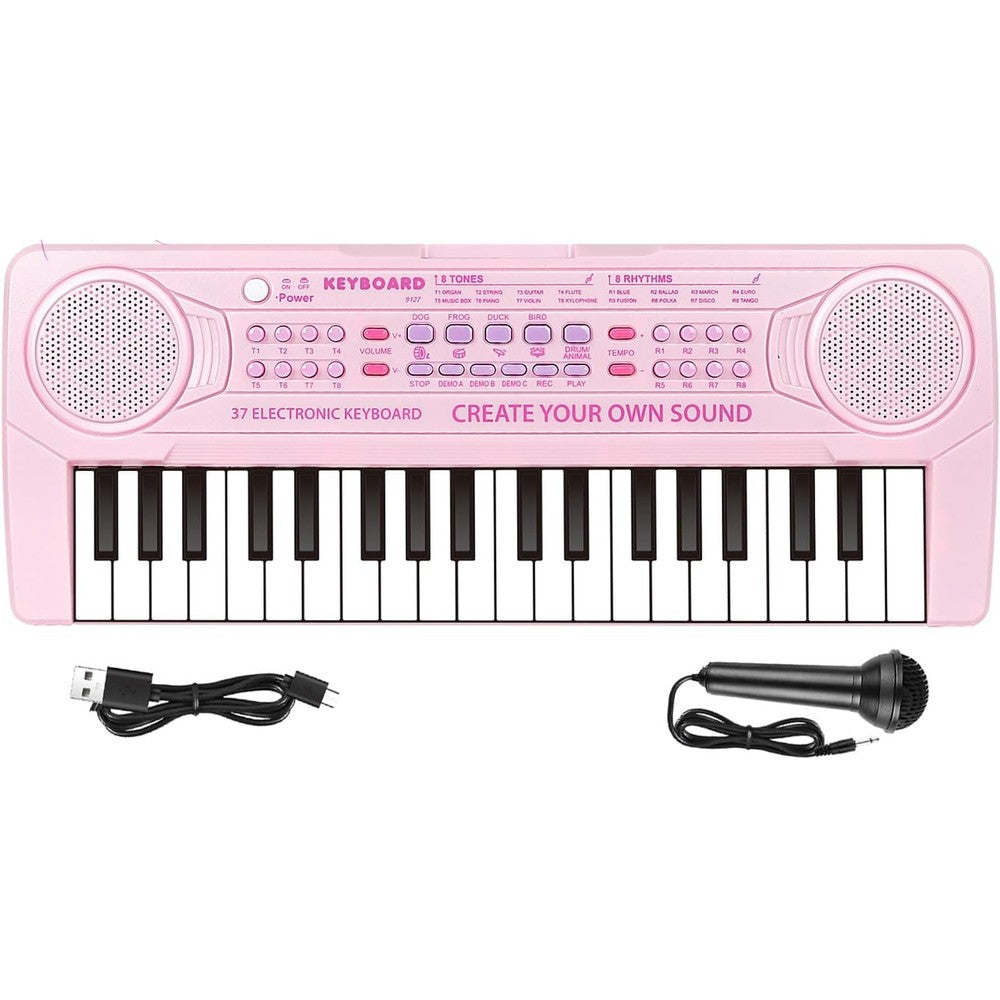 M SANMERSEN kids piano keyboard front view in pearly pink color showing 37 keys