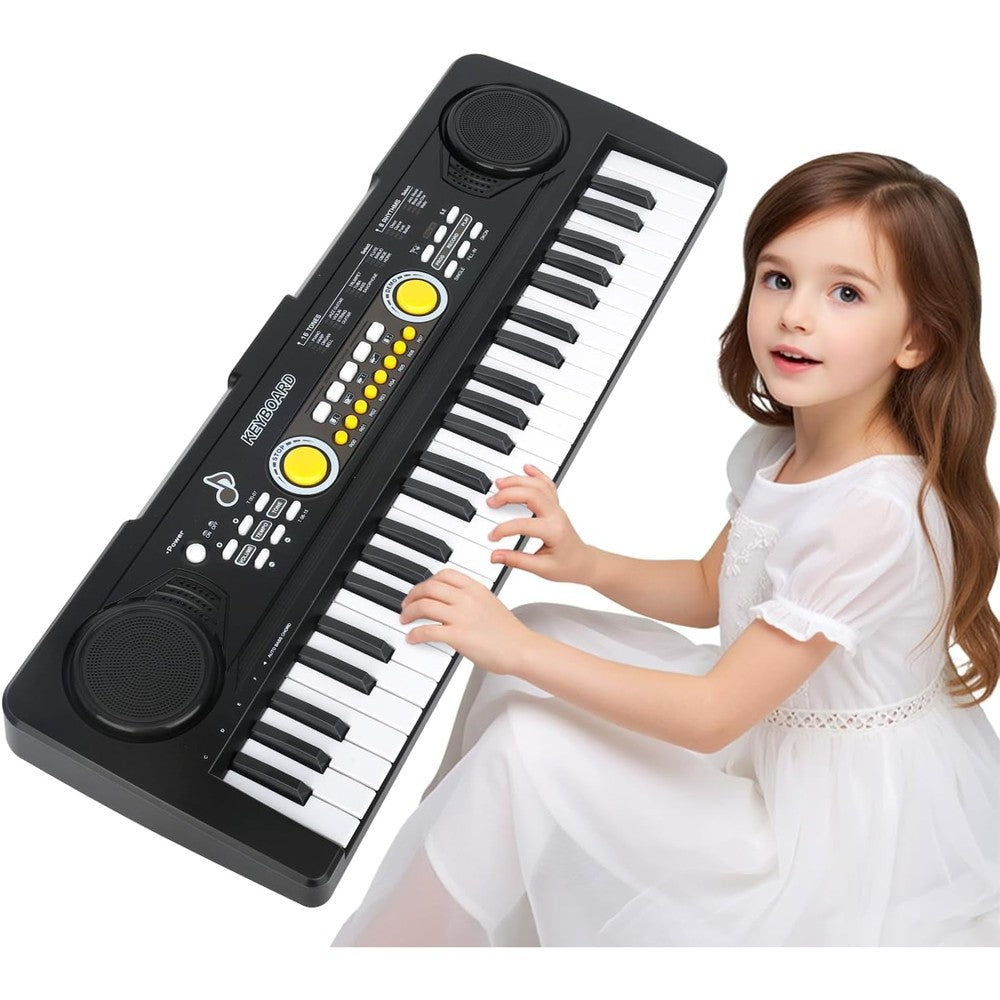 MusicForset kids piano keyboard front view showing 49 black and white keys with control buttons.