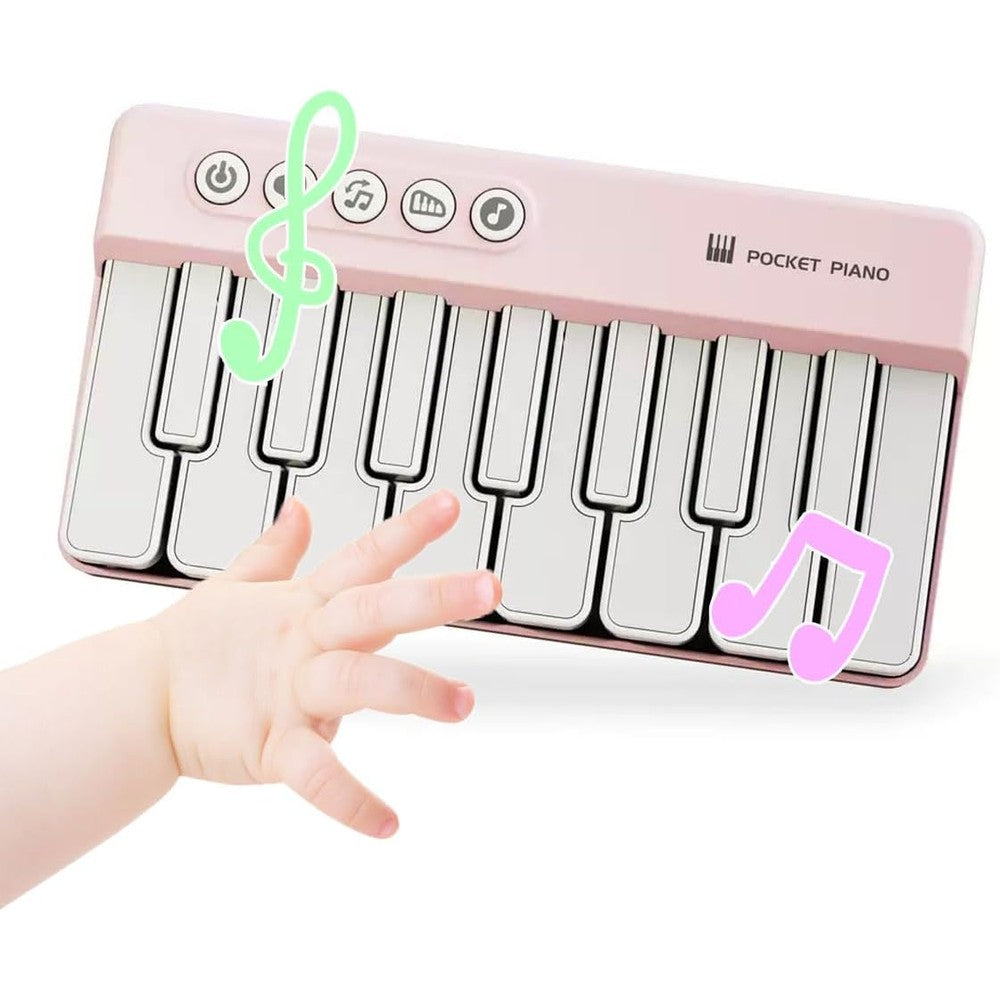 BWNOPQ toddlers pocket piano toy front view showing pink and white interactive keys with rainbow lights