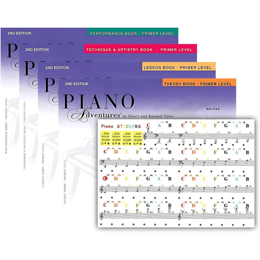 Tixqeaif Faber Piano Primer Level book set front view showcasing lesson and theory guides for music education.