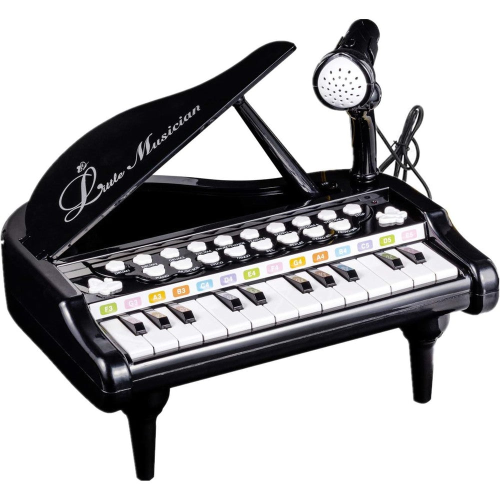 Love&Mini Toddler Piano Black front view showing 24 keys and detachable microphone setup