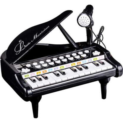 Love&Mini Toddler Piano Black front view showing 24 keys and detachable microphone setup