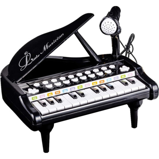 Love&Mini Toddler Piano Black front view showing 24 keys and detachable microphone setup