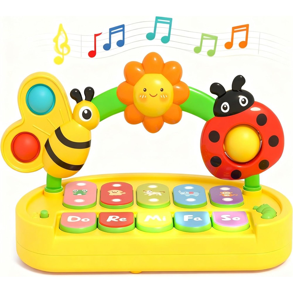 AOOTE baby piano toy musical keyboard yellow front view showcasing colorful keys and insect attachments