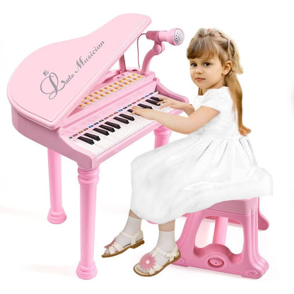 Conomus 31 keys piano keyboard toy front view showing pink design with attached microphone and matching stool.
