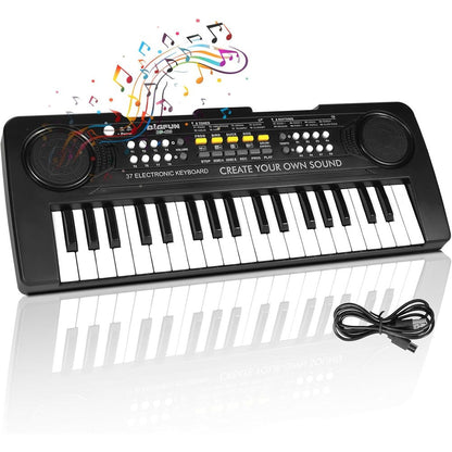 Heepuew kids piano keyboard front view showing 37 black and white keys and electronic control buttons.