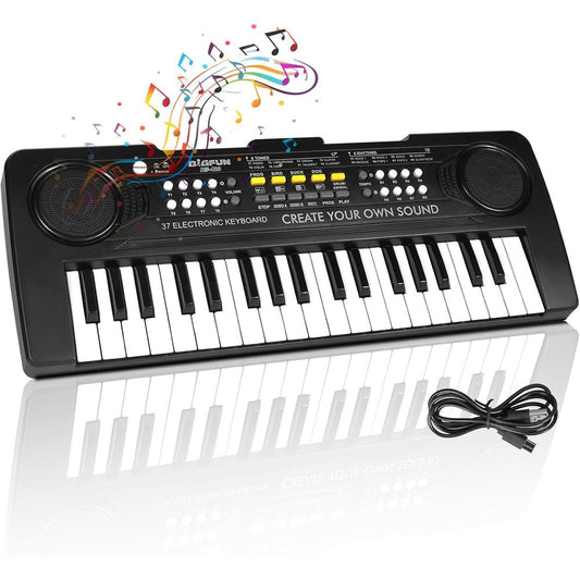 Heepuew kids piano keyboard front view showing 37 black and white keys and electronic control buttons.