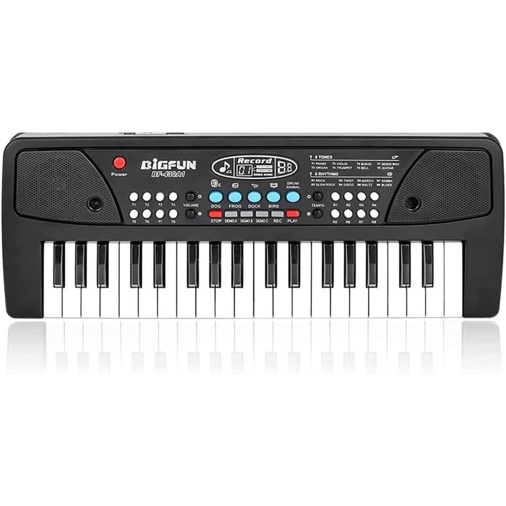 LeeQee Black 37 Keys Kids Piano Keyboard front view showing electronic musical keys and included mini microphone