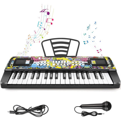 M SANMERSEN kids keyboard piano 37 keys black front view with microphone and music stand