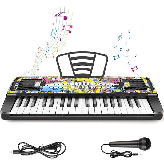 M SANMERSEN kids keyboard piano 37 keys black front view with microphone and music stand