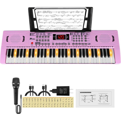 24HOCL 61 lighted keys electric keyboard piano front view showing the pink housing and digital LCD interface.