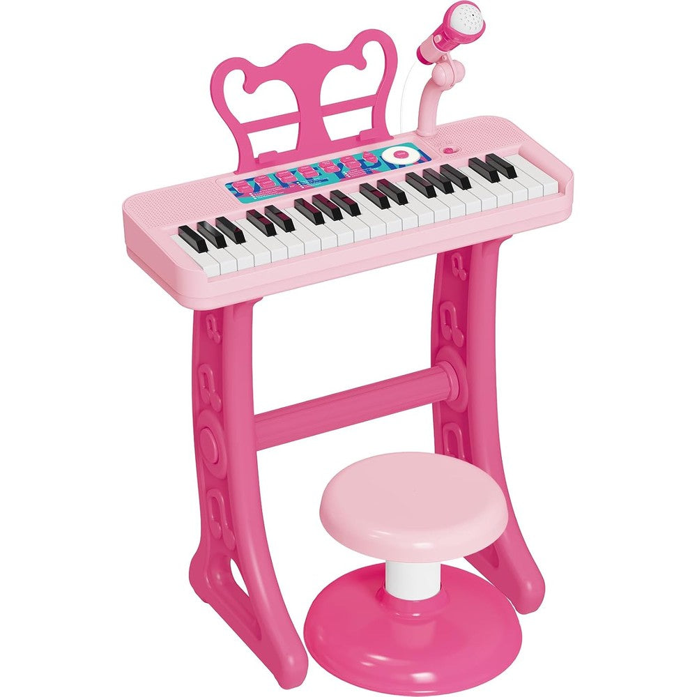 Baoli kids piano 37 keys toddler keyboard front view in pink with attached microphone and stool
