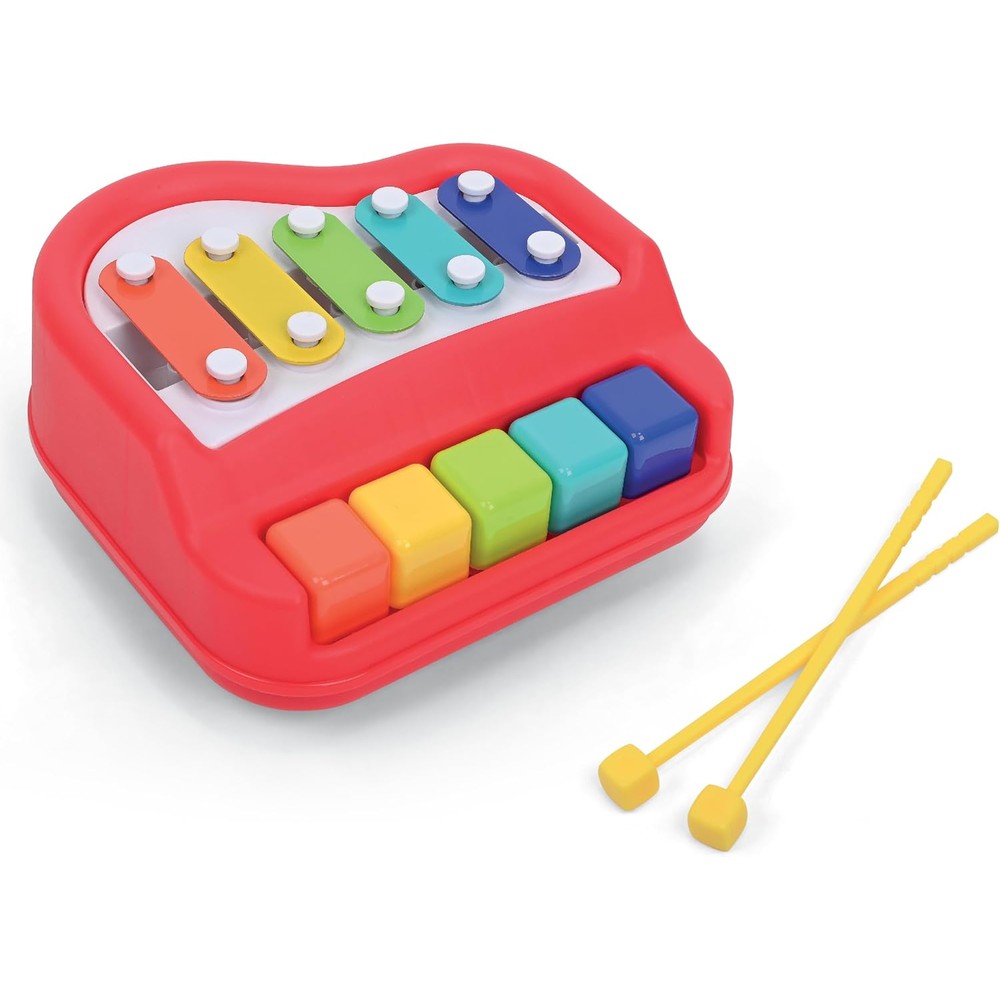 Kidoozie Happy Keys Music Maker front view showing colorful piano keys and metal xylophone bars.
