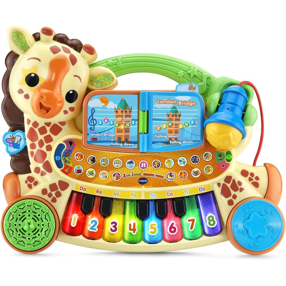 Vtech zoo jamz giraffe piano front view showing multicolor keys and microphone