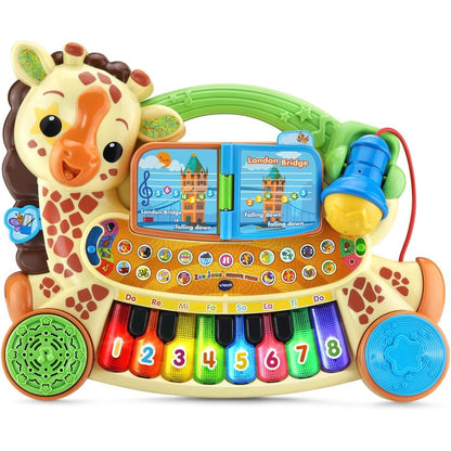 Vtech zoo jamz giraffe piano front view showing multicolor keys and microphone