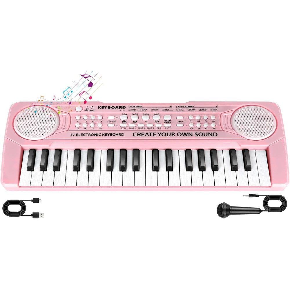 TWFRIC kids toddler toy piano keyboard front view showing pink 37 keys and control panel buttons