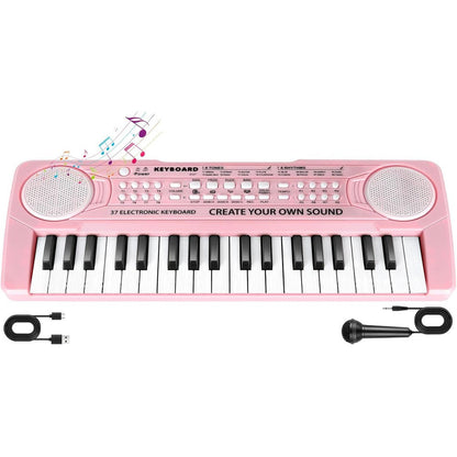 TWFRIC kids toddler toy piano keyboard front view showing pink 37 keys and control panel buttons