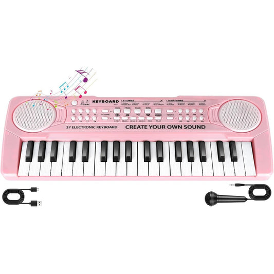 TWFRIC kids toddler toy piano keyboard front view showing pink 37 keys and control panel buttons