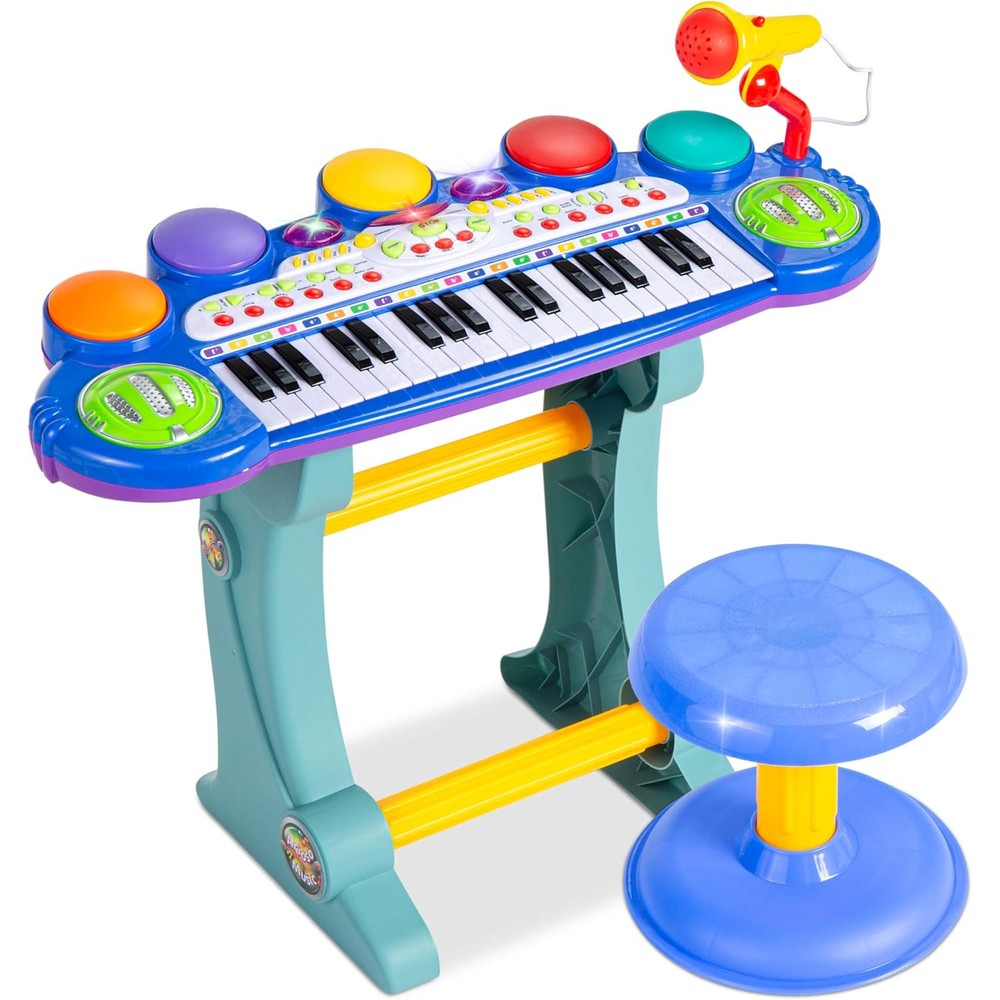 Best Choice Products 37-Key Kids Electronic Piano Keyboard Blue front view showing light-up keys and matching stool