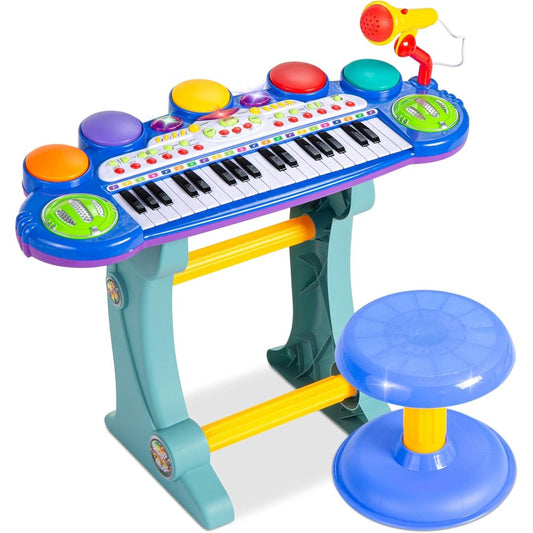 Best Choice Products 37-Key Kids Electronic Piano Keyboard Blue front view showing light-up keys and matching stool