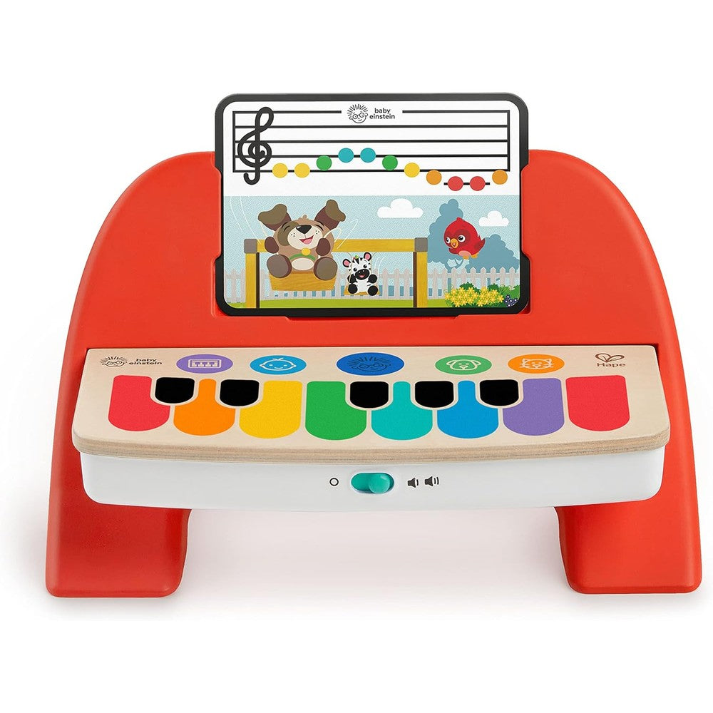 Baby Einstein Cals First Melodies Magic Touch Wooden Piano front view highlighting the colorful electronic keys.