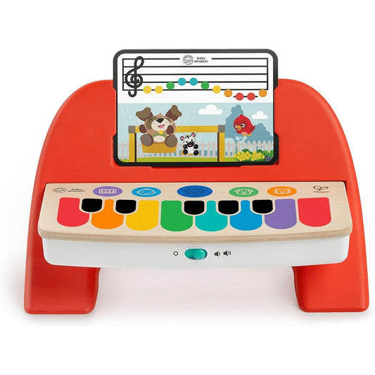 Baby Einstein Cals First Melodies Magic Touch Wooden Piano front view highlighting the colorful electronic keys.