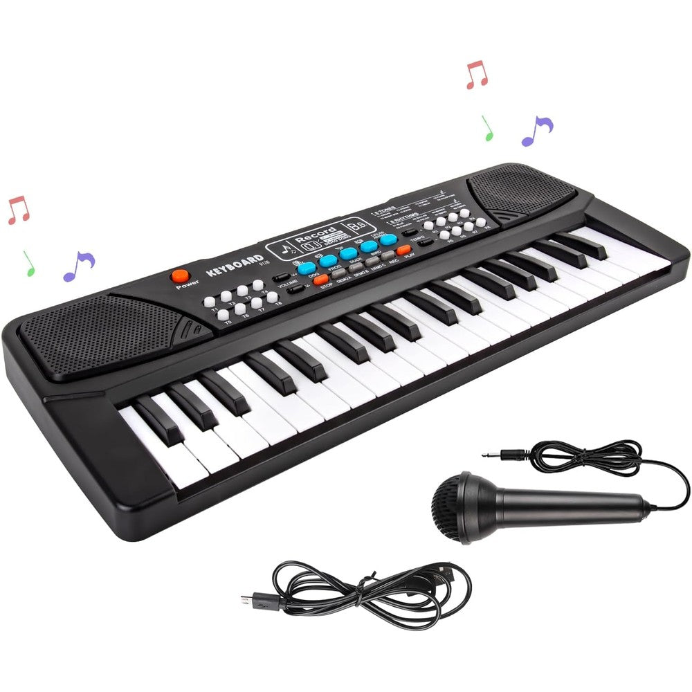 M SANMERSEN kids piano 37 keys black keyboard front view with mini microphone attached