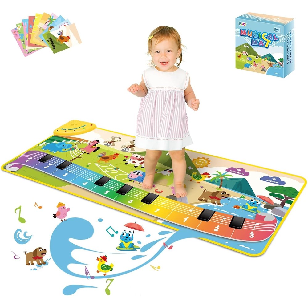 Foki floor piano mat for toddlers front view displaying colorful farm animal illustrations and piano keys.
