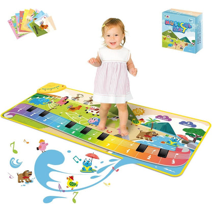 Foki floor piano mat for toddlers front view displaying colorful farm animal illustrations and piano keys.