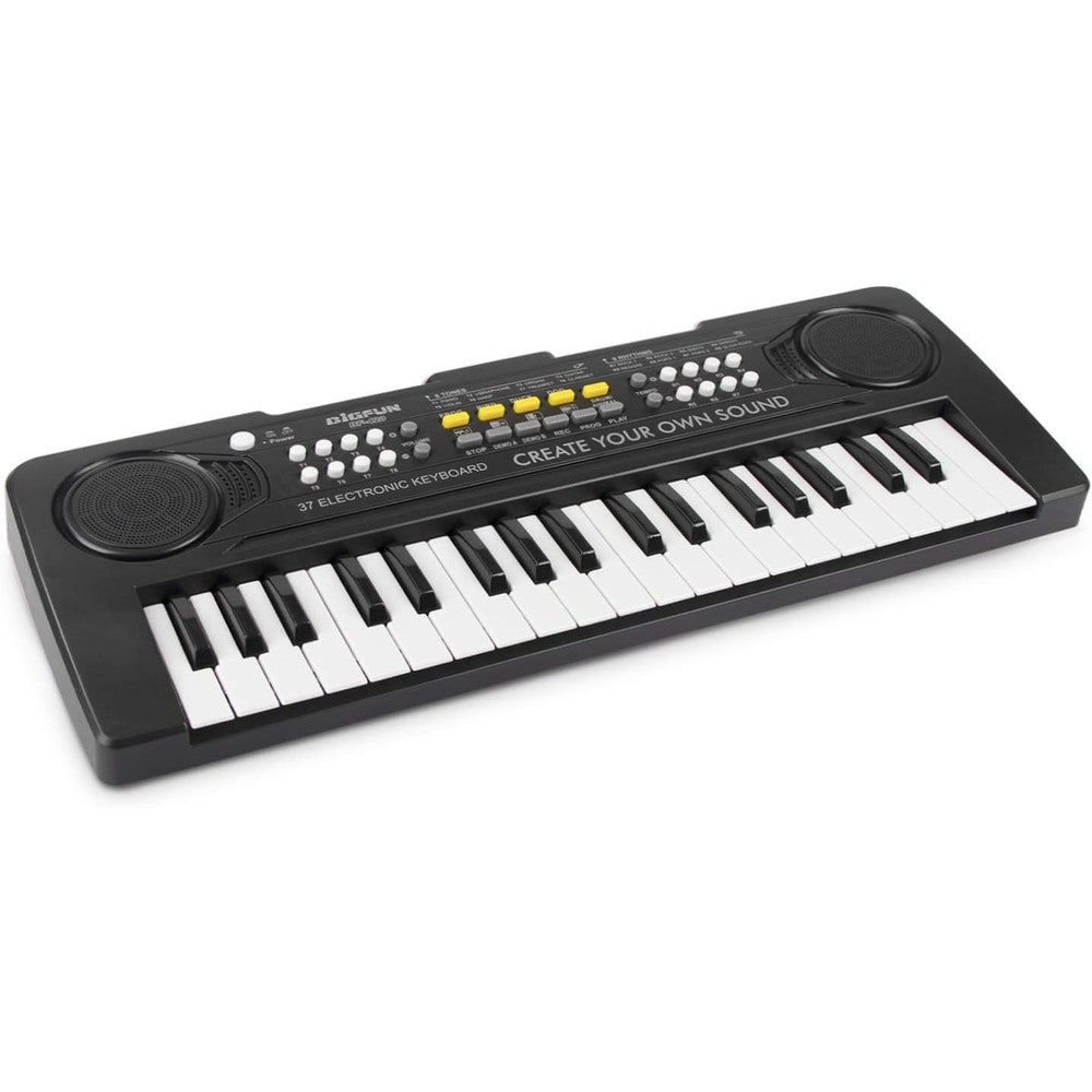 aPerfectLife kids piano keyboard 37 keys black front view showing keys and control buttons