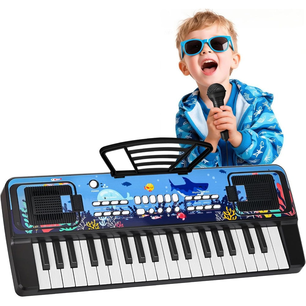 MusicForset 37 keys kids piano keyboard front view showing microphone and music stand.