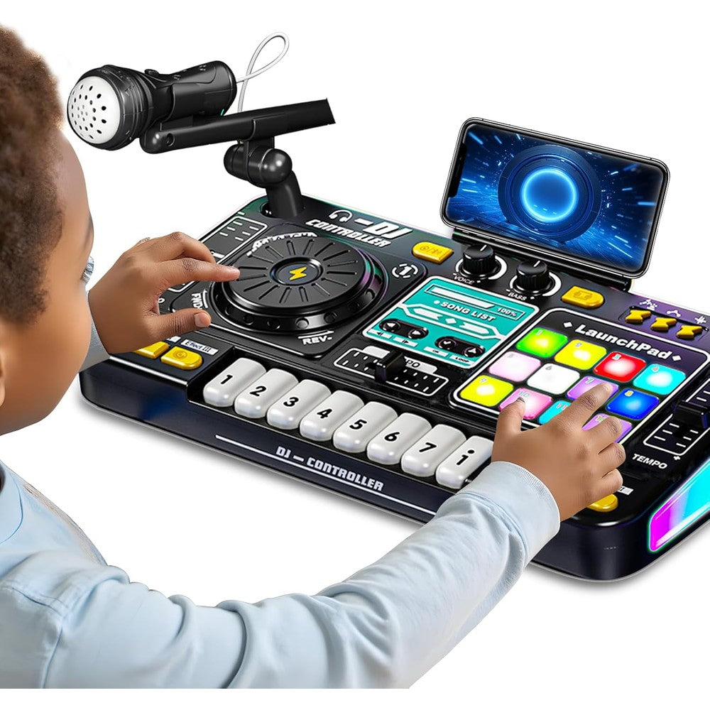 Tsomtto kids DJ mixer controller table front view showcasing black console and illuminated turntable panels
