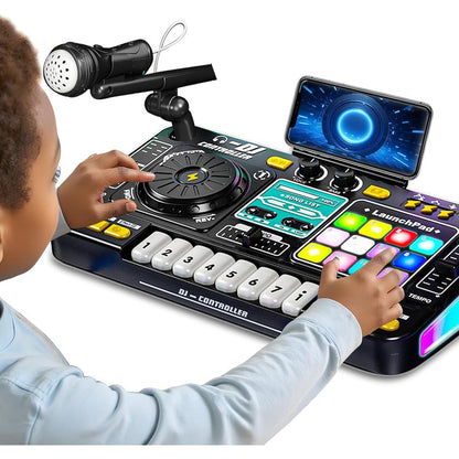 Tsomtto kids DJ mixer controller table front view showcasing black console and illuminated turntable panels