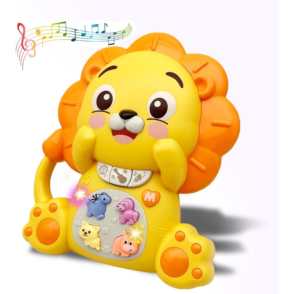 PYYCZA baby musical lion piano keyboard toy front view showing bright yellow body and colorful keys