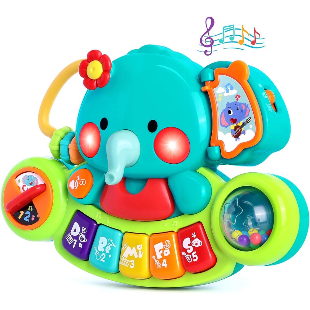 Witalent baby elephant piano toy front view showing the colorful musical keys and light up buttons.