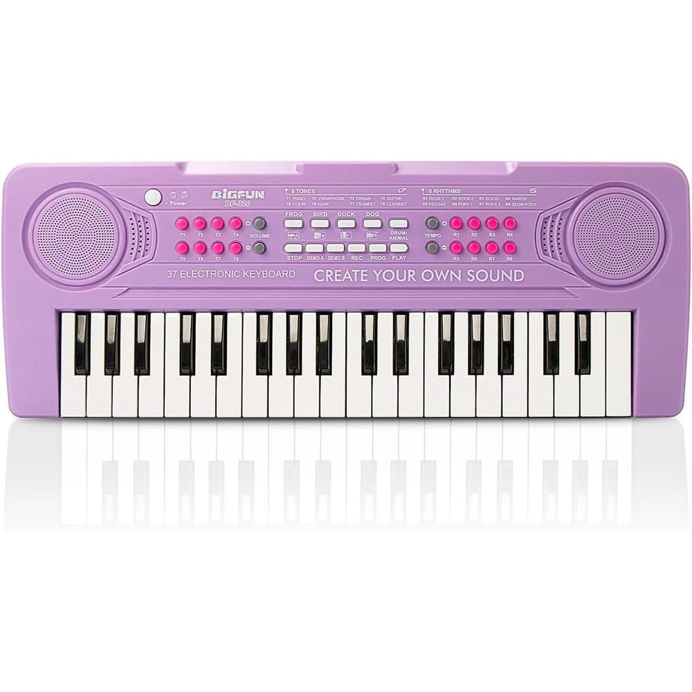 BIGFUN toddler keyboard piano front view showing purple keys and control buttons.