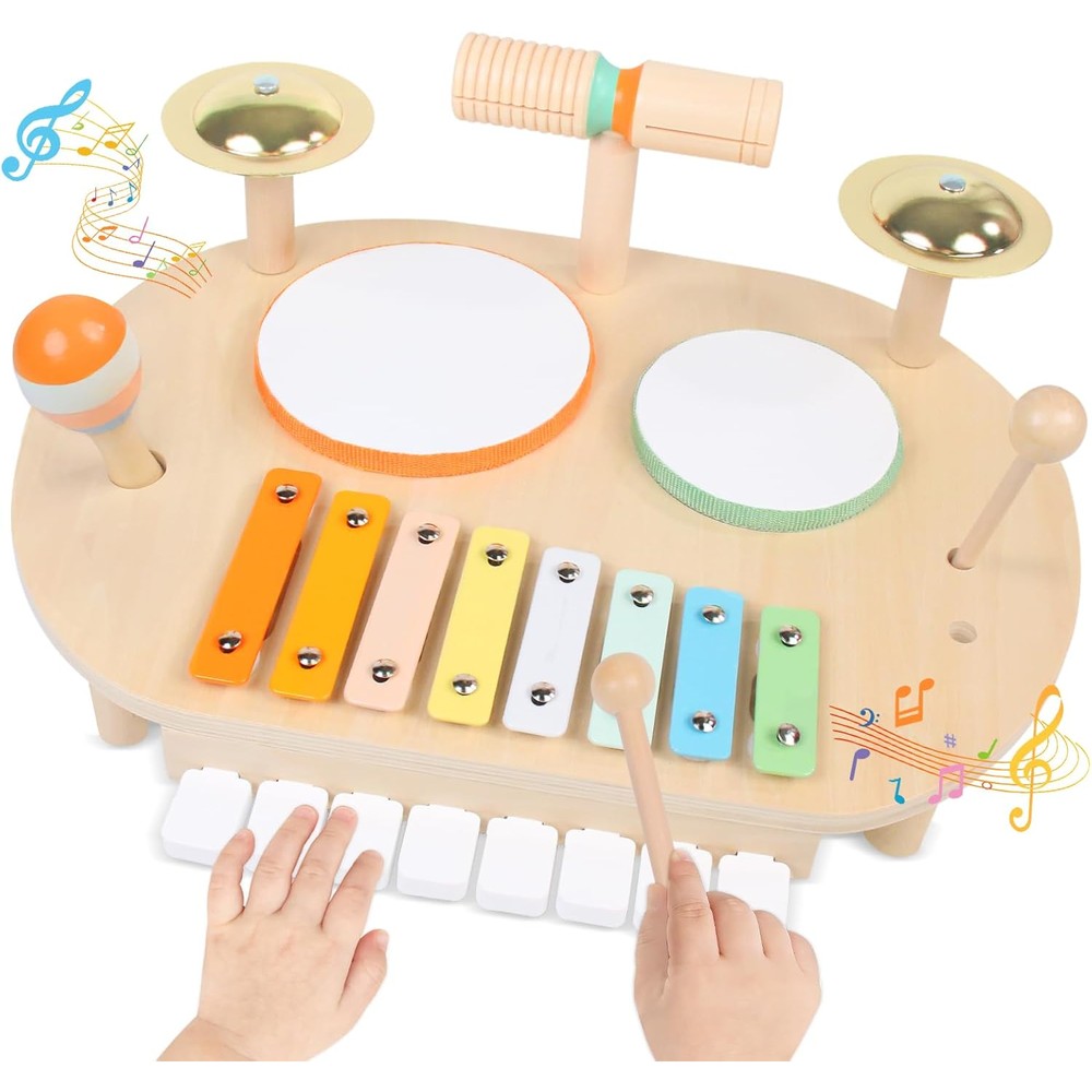 YHHYTOY Toddler Drum Set front view of wooden Montessori musical table.