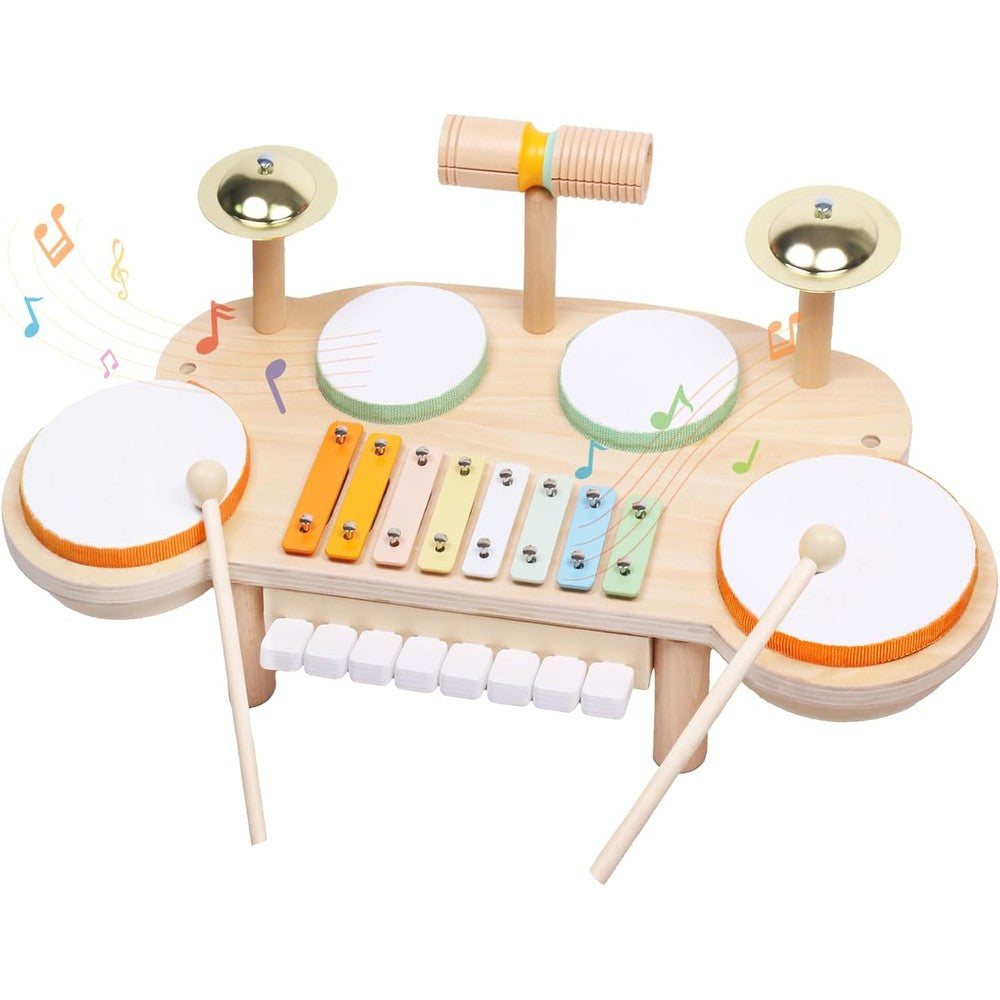 BCY Hohipi wooden toddler drum set front view Montessori musical instruments table