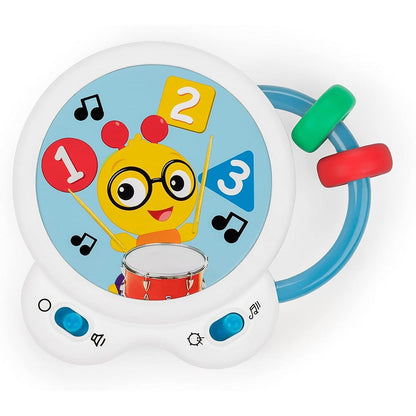 Baby Einstein Tiny Tempo Musical Toy Drum front view showing colorful learning stickers and bead chaser rings.