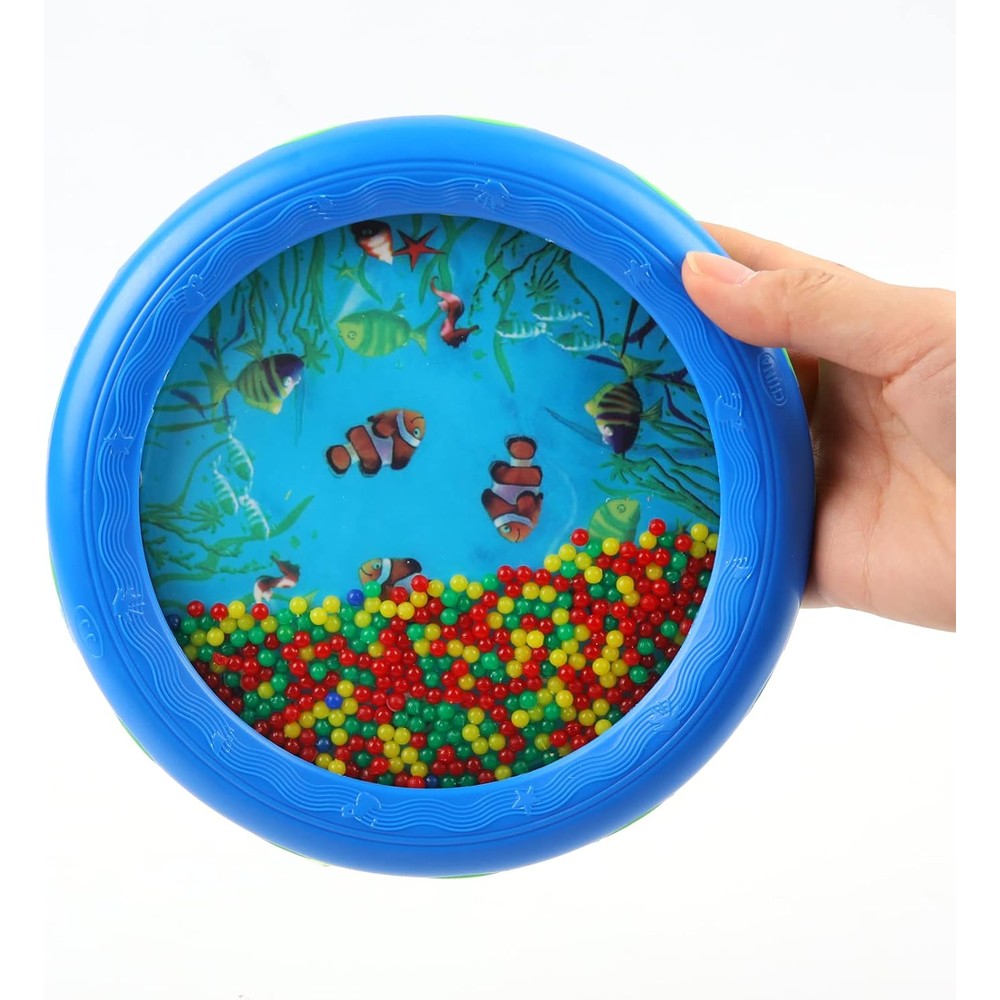 Musfunny Ocean Drum front view showing blue frame and colorful beads inside.