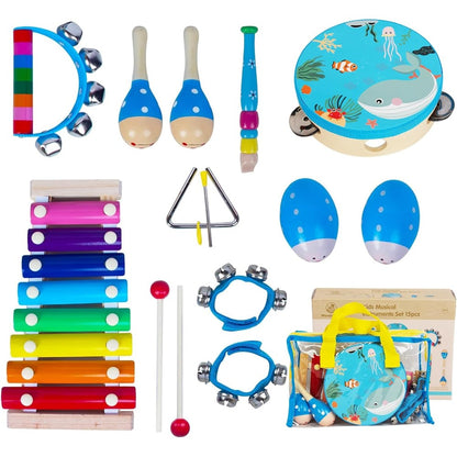 WoodenEdu Toys wooden musical instruments set front view showing xylophone and shakers.