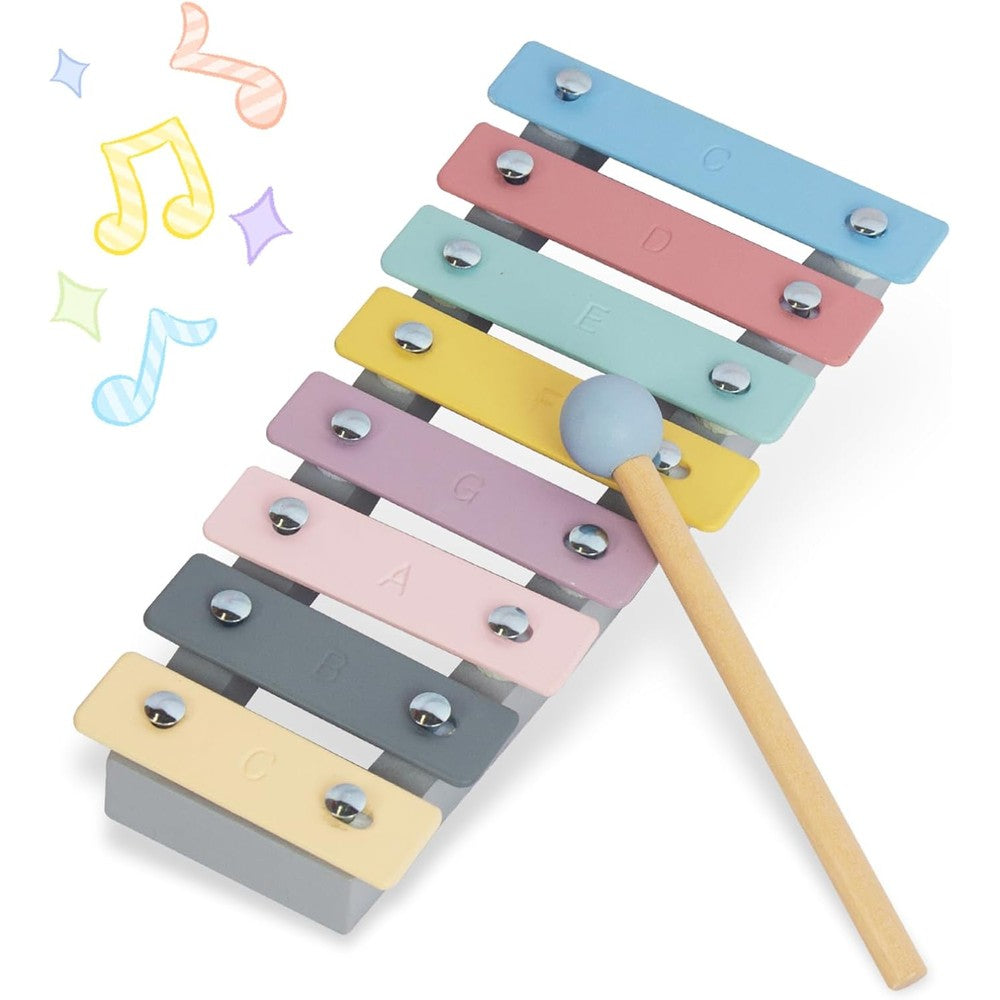 WoodenEdu kids wooden xylophone musical toy front view with colorful keys and safe mallets.