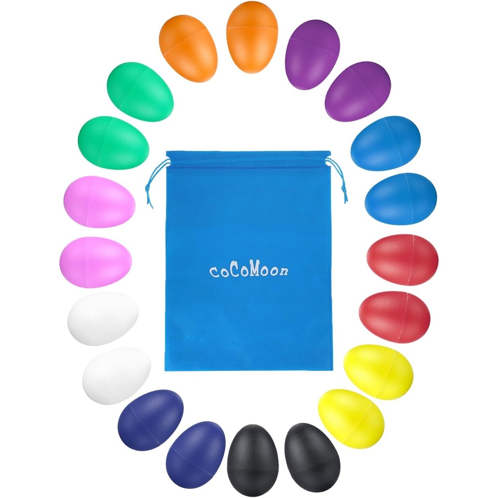 COCOMOON Egg Shakers Musical Instruments front view displaying full twenty piece colorful percussion collection.