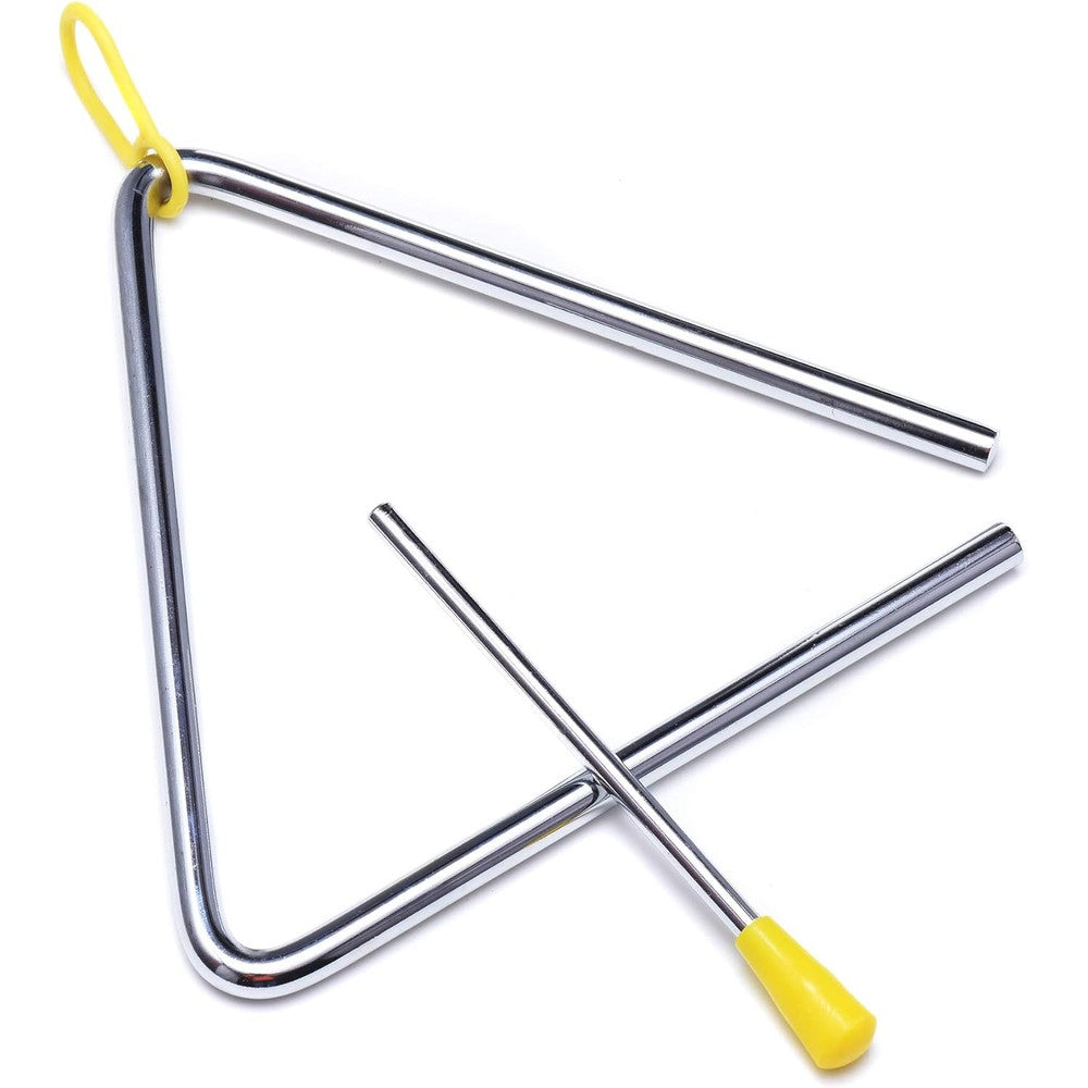 TDOCK musical steel triangle percussion instrument front view with yellow rubber hanger and striker