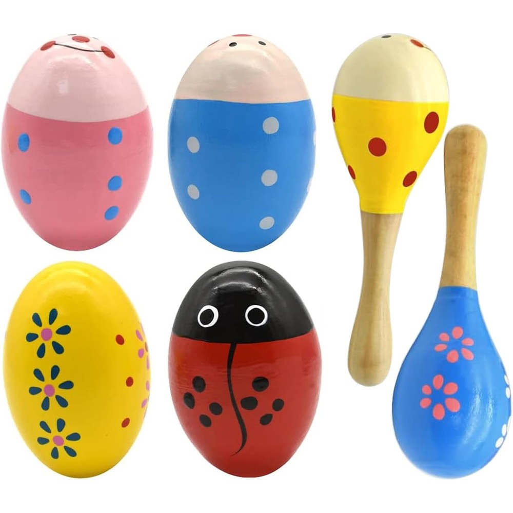 Hayder wooden easter eggs shakers toy kit front view showing colorful patterns.