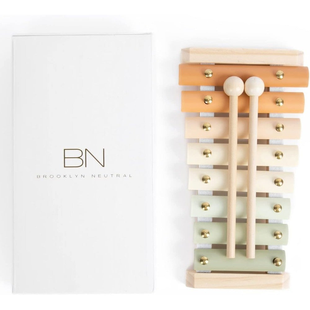 Brooklyn Neutral Montessori Wooden Xylophone front view showing neutral toned steel keys on a solid wood base